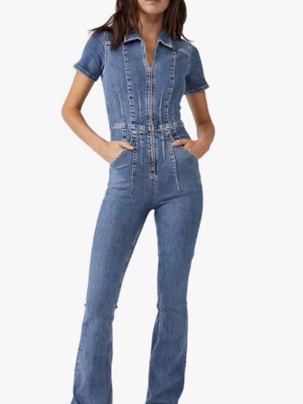 We The Free Blue Denim Short-Sleeve One-Piece Jumper